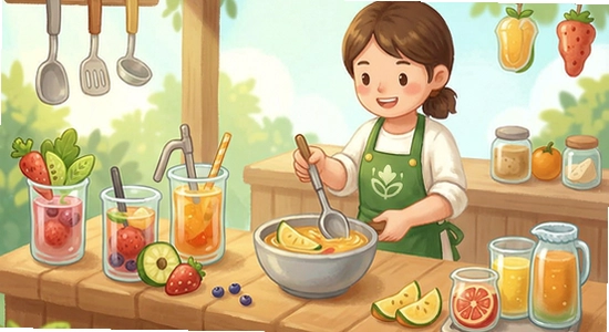 670*360 果茶作坊游戏主界面清新果茶制作场景