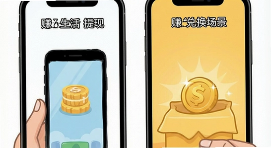 赚生活提现与金币兑换场景示意图