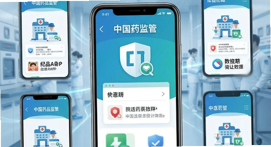 中国药品监管APP多场景应用示意图