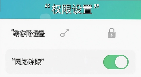 生成手机端短剧应用权限设置界面示意图,尺寸500*300,画面包含存储权限和网络权限开关,文字用双引号标注“权限设置”“缓存路径”