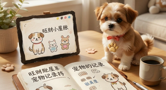 旺财小屋家庭账本与宠物记录场景图