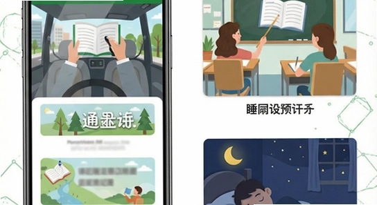 670*360的QuickDaily多场景使用示意图,展示通勤、课堂、睡前记录场景