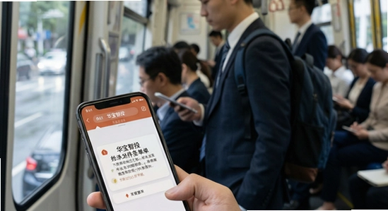 上班族通勤途中用手机查看华宝智投条件单触发提醒场景图