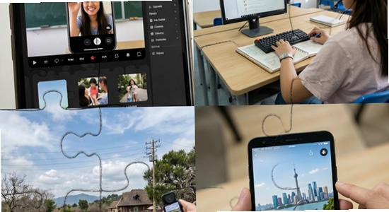 670*360的多场景应用拼图,展示短视频创作、课堂作业、旅行记录等使用画面