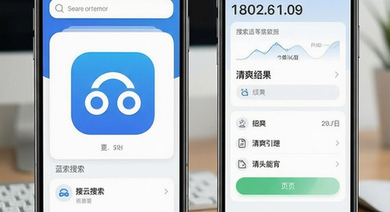 蓝云搜索app主界面搜索框与清爽结果页展示