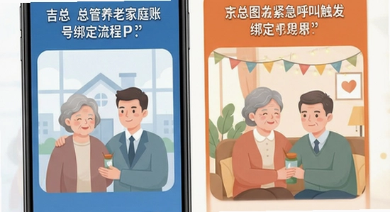 吉总管养老家庭账号绑定流程与紧急呼叫触发场景示意图
