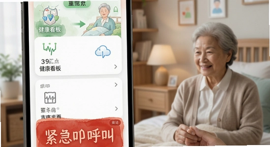 吉总管养老APP首页大字体健康看板与紧急呼叫功能展示图