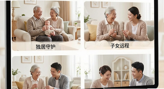 吉总管养老多场景应用展示图:独居守护、子女远程、社区对接