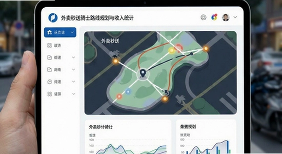 外卖秒送骑士路线规划与收入统计界面