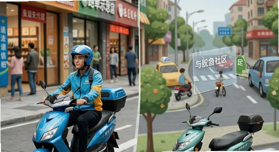 骑手在商圈与社区多场景跑单示意