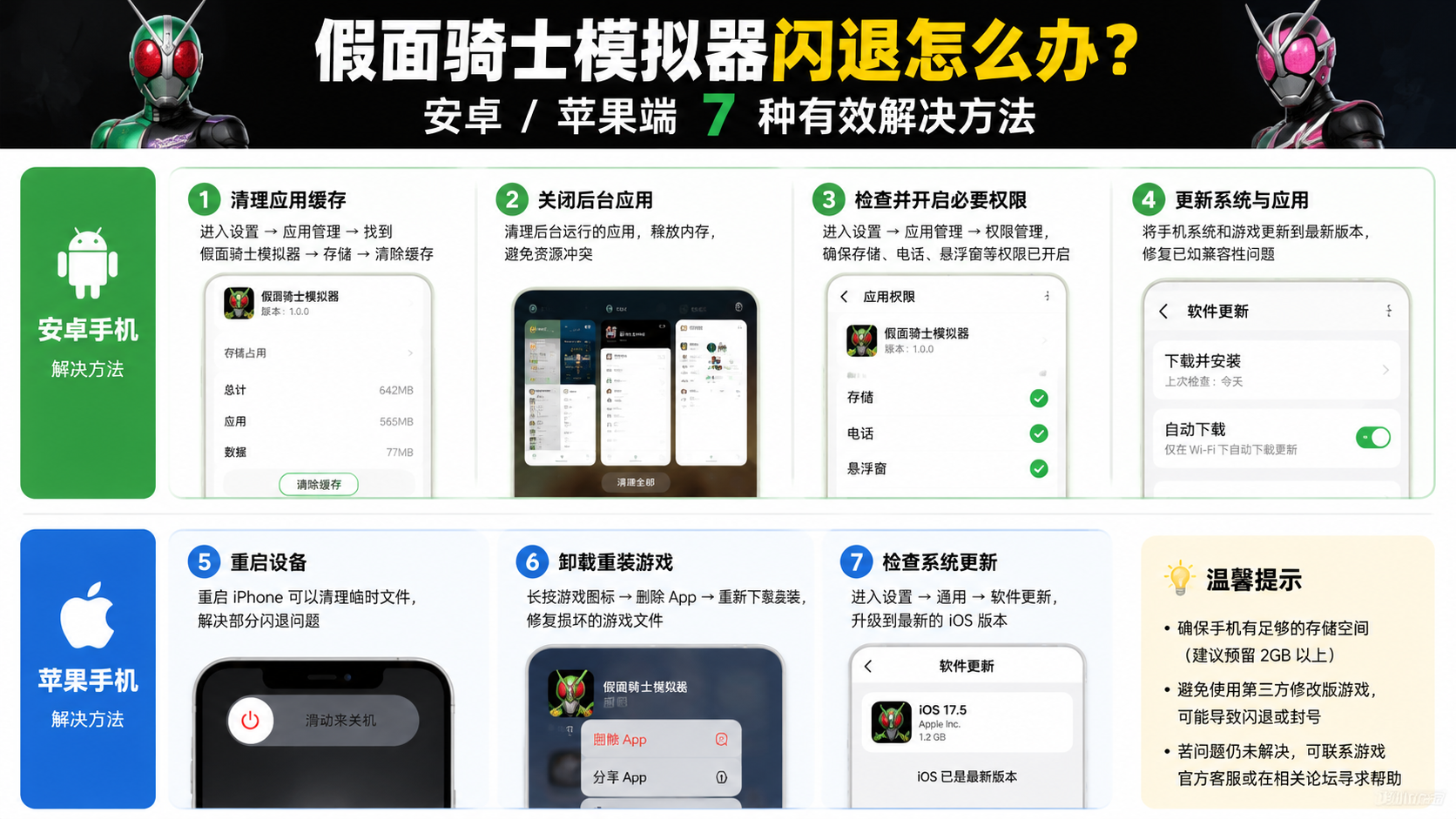 假面骑士模拟器闪退怎么办?安卓 / 苹果端 7 种有效解决方法,安卓手机清理缓存、关闭后台应用与权限设置场景