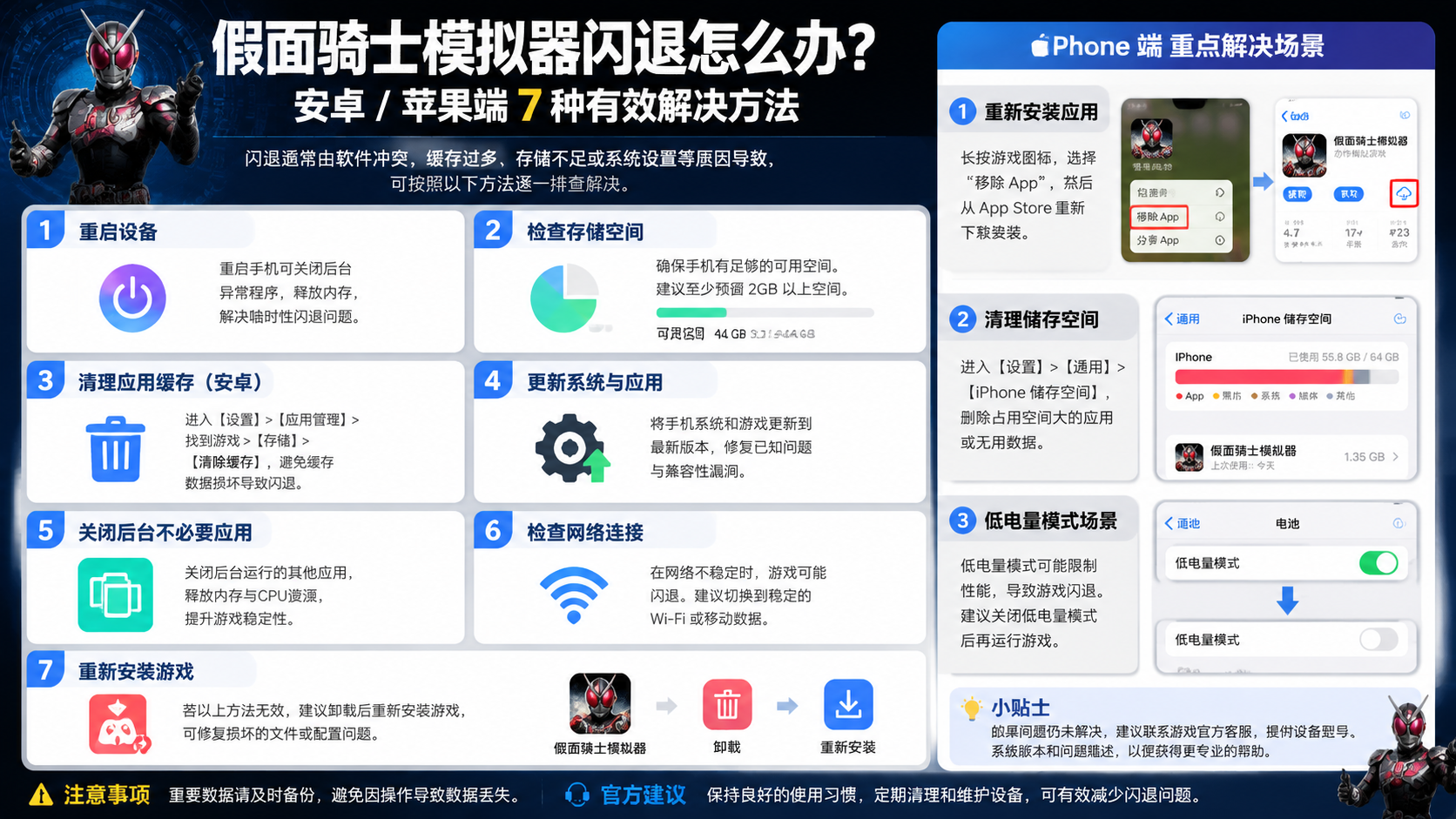 假面骑士模拟器闪退怎么办?安卓 / 苹果端 7 种有效解决方法,iPhone 重新安装应用、清理储存空间与低电量模式场景