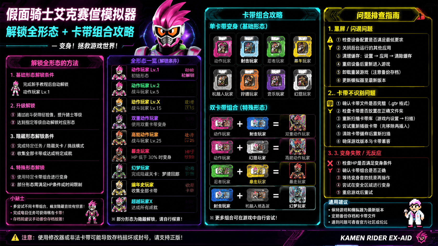 假面骑士艾克赛德模拟器怎么解锁全形态?卡带组合攻略,黑屏闪退与卡带不识别问题排查步骤