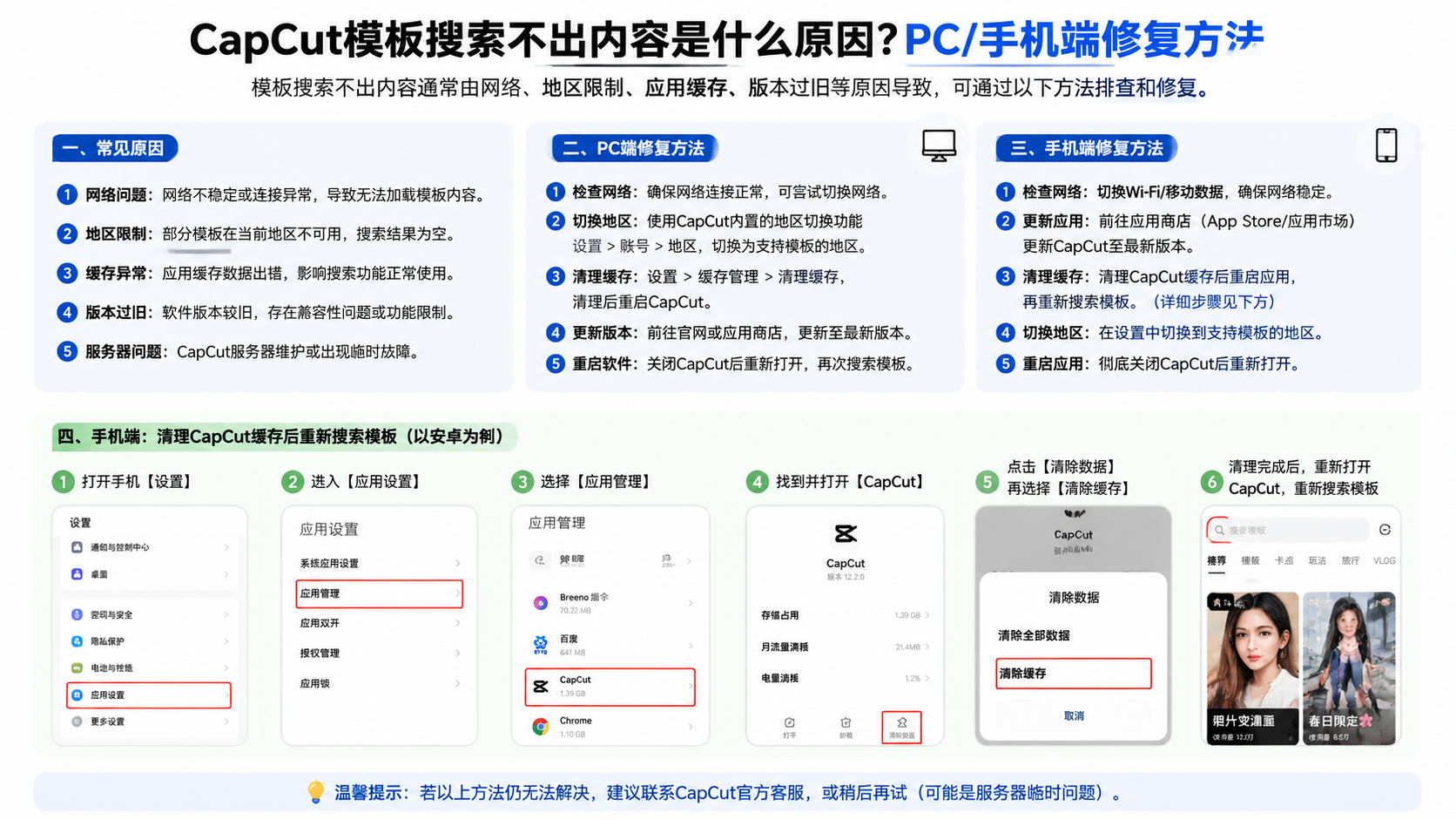 capcut模板搜索不出内容是什么原因?PC/手机端修复方法,手机清理CapCut缓存后重新搜索模板