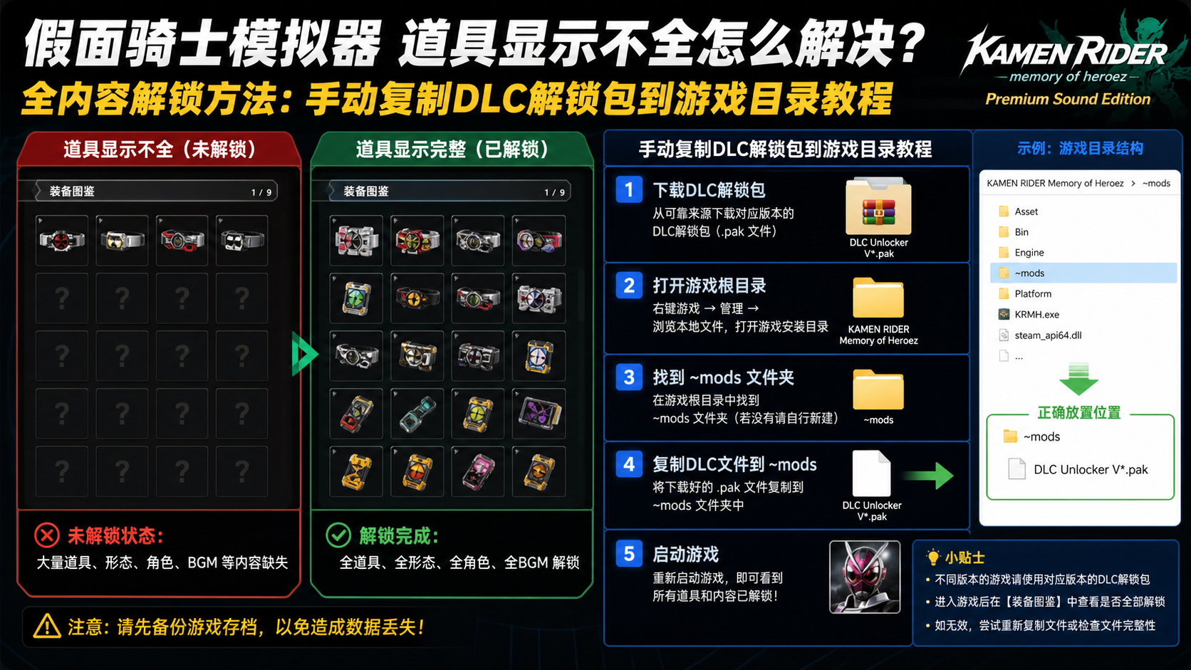 假面骑士模拟器道具显示不全怎么解决?全内容解锁方法,手动复制DLC解锁包到游戏目录教程