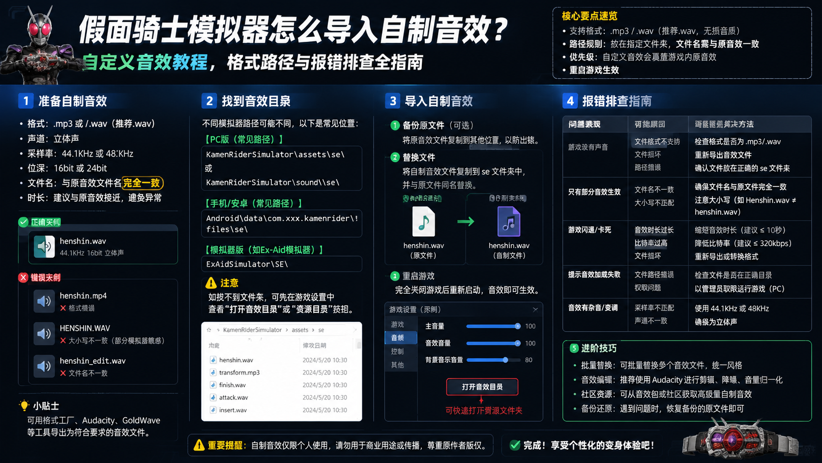 假面骑士模拟器怎么导入自制音效?自定义音效教程,格式路径与报错排查全指南