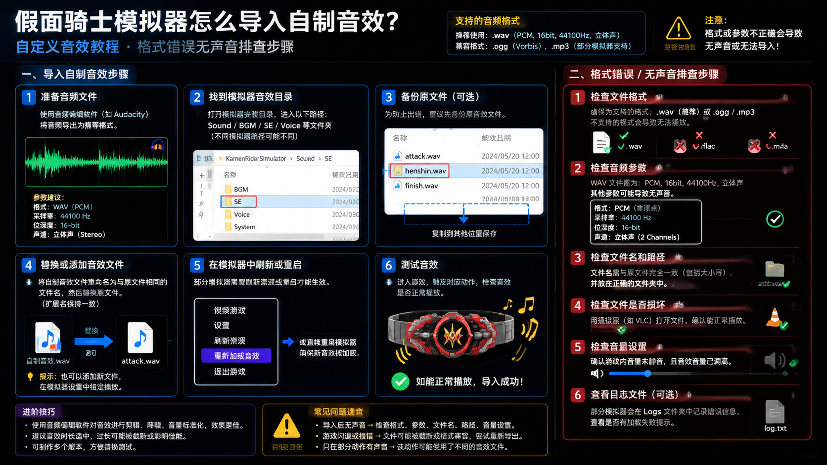 假面骑士模拟器怎么导入自制音效?自定义音效教程,格式错误无声音排查步骤