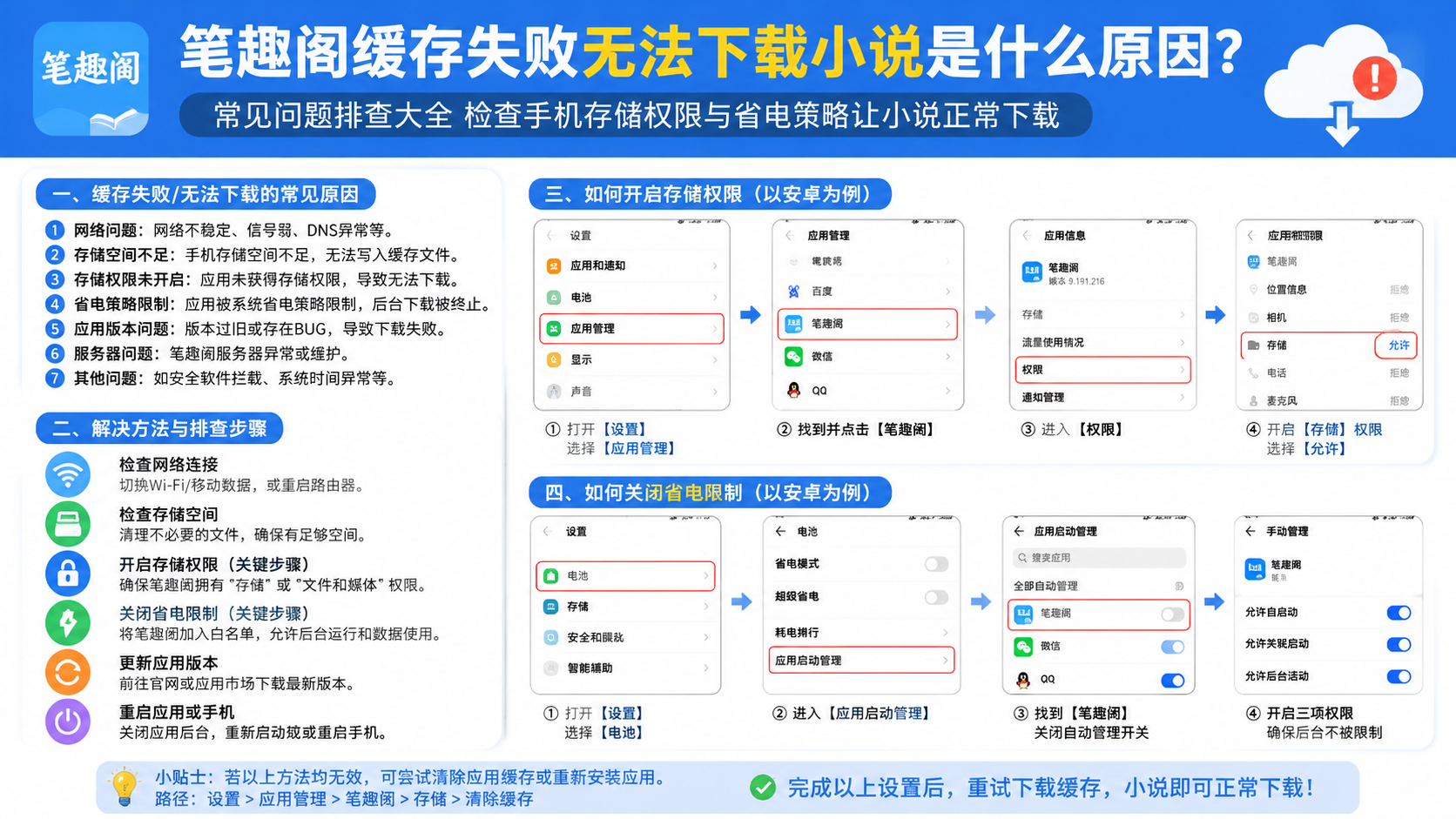 笔趣阁缓存失败无法下载小说是什么原因?常见问题排查大全 检查手机存储权限与省电策略让小说正常下载