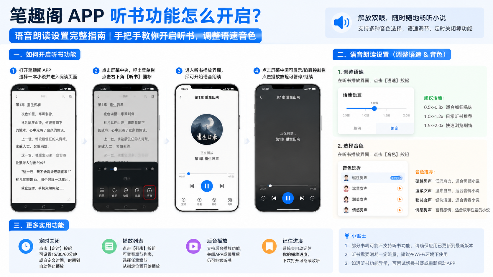笔趣阁 app 听书功能怎么开启?语音朗读设置完整指南 手把手指南 开启听书 调整语速音色