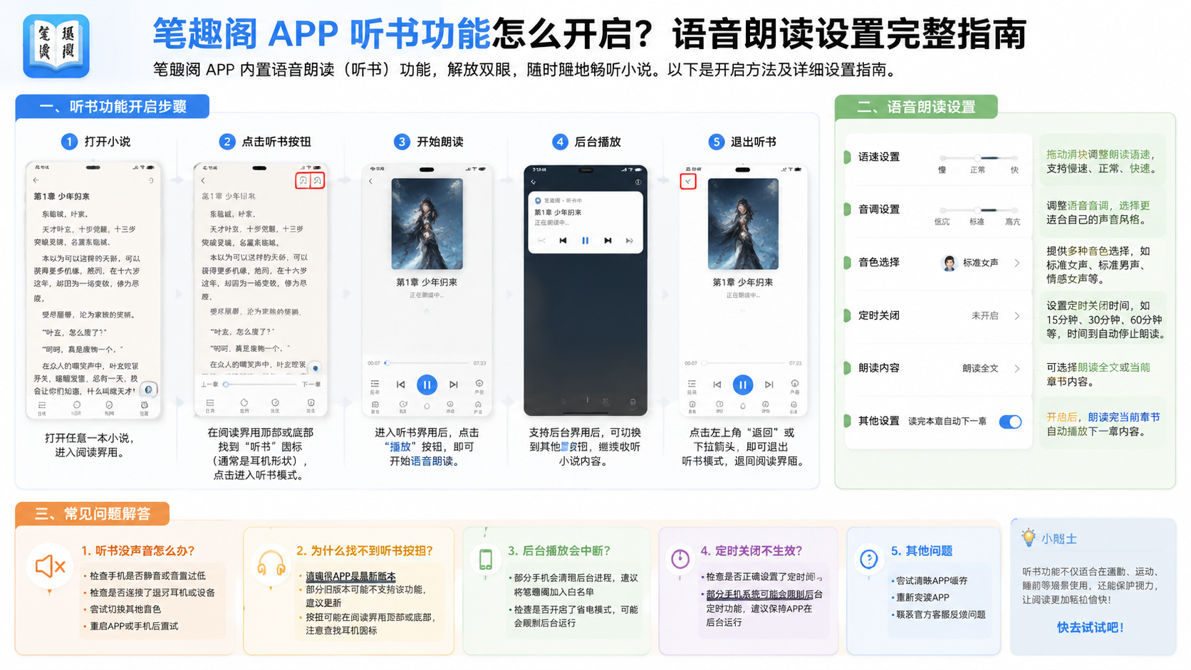 笔趣阁 app 听书功能怎么开启?语音朗读设置完整指南 常见问题 没声音 不显示按钮