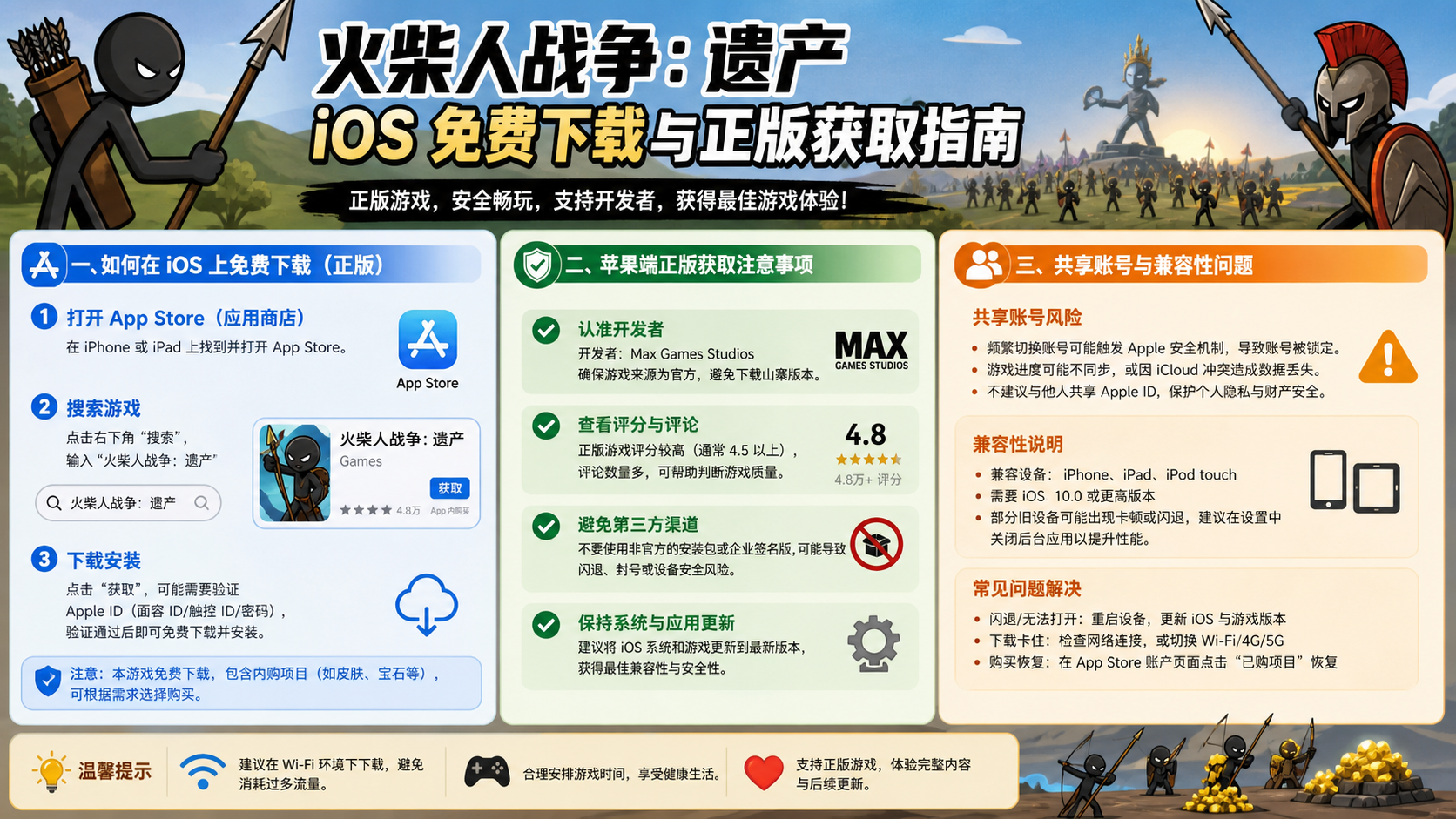 火柴人战争遗产 iOS 怎么免费下载?苹果端正版获取注意事项 共享账号与兼容性问题