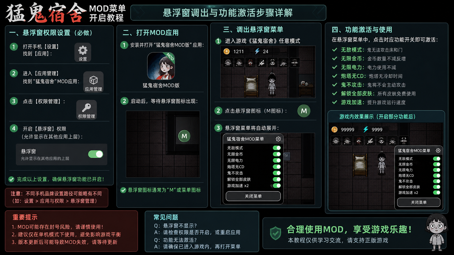 猛鬼宿舍mod菜单怎么开启?悬浮窗调出与功能激活步骤详解,悬浮窗权限设置与菜单调出场景图