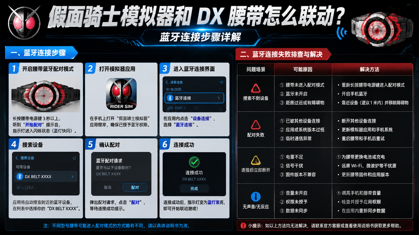 假面骑士模拟器和 DX 腰带怎么联动?蓝牙连接步骤详解,蓝牙连接失败排查与解决场景