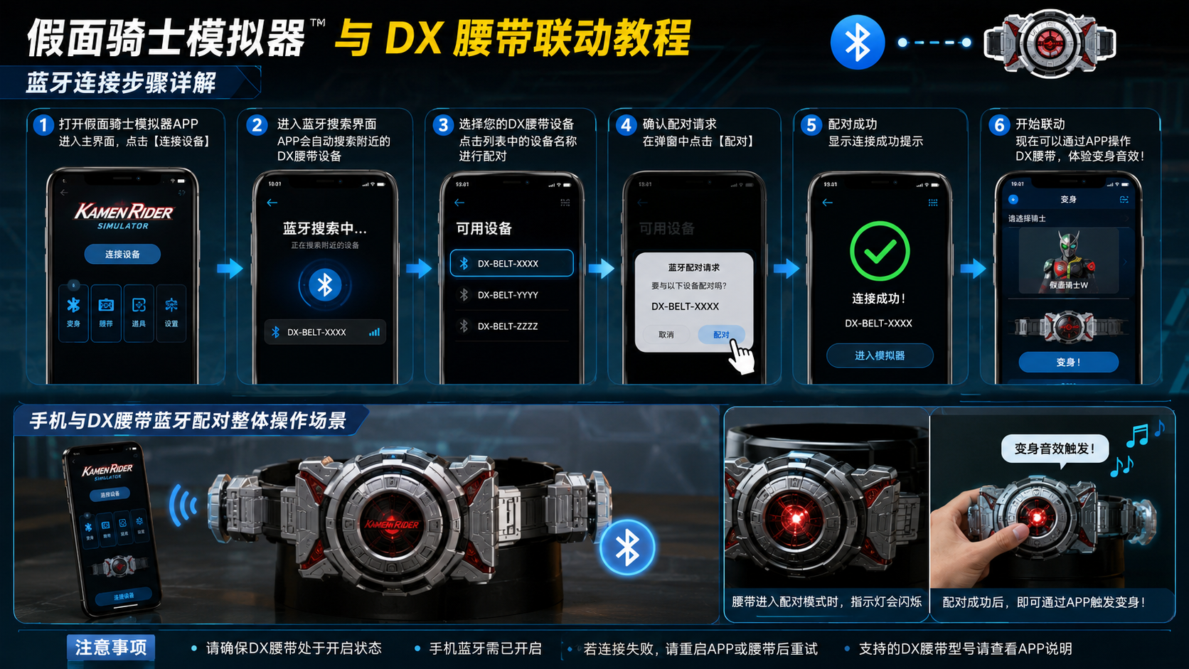假面骑士模拟器和 DX 腰带怎么联动?蓝牙连接步骤详解,手机与DX腰带蓝牙配对整体操作场景