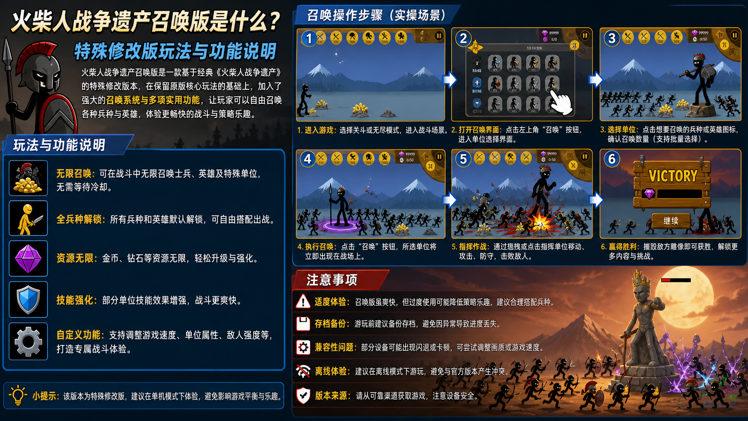 关键词必须包含 火柴人战争遗产召唤版是什么?特殊修改版玩法与功能说明,文字搭配该段落召唤操作步骤与注意事项的实操场景
