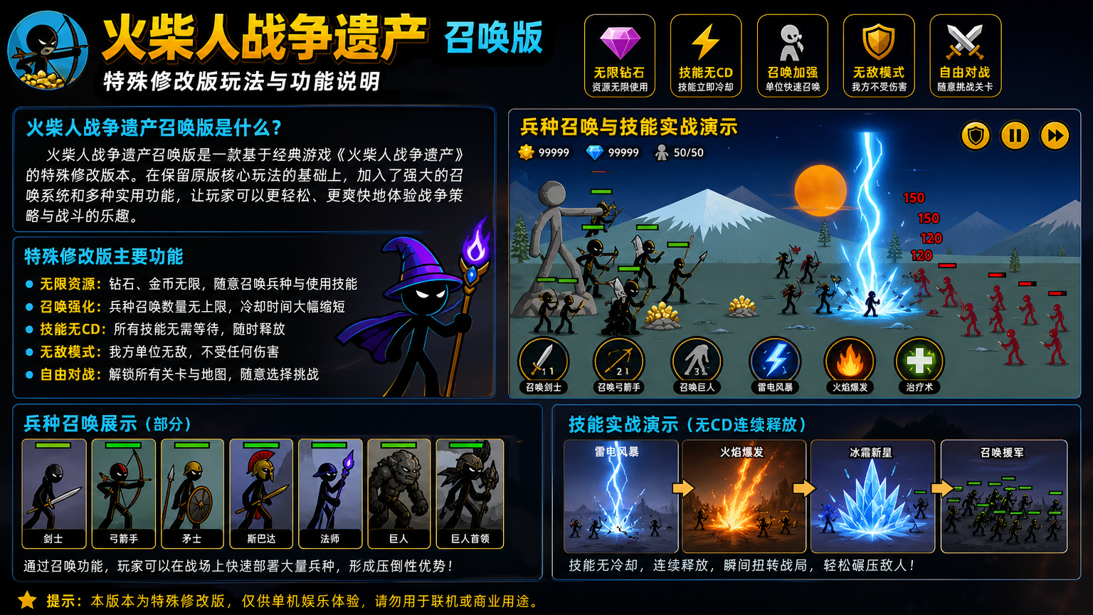 火柴人战争遗产召唤版是什么?特殊修改版玩法与功能说明,兵种召唤与技能实战演示