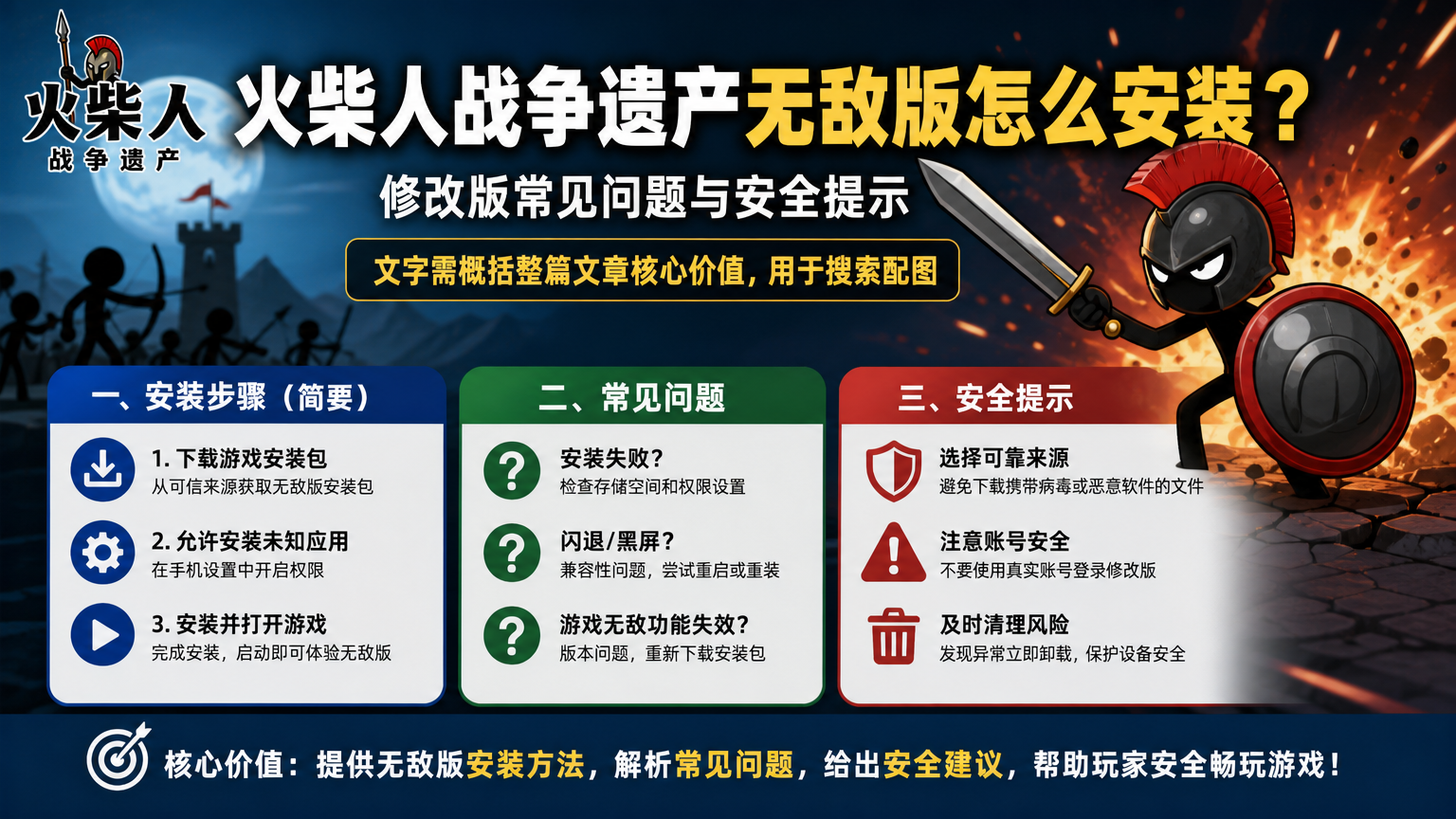 火柴人战争遗产无敌版怎么安装?修改版常见问题与安全提示,文字需概括整篇文章核心价值,用于搜索配图