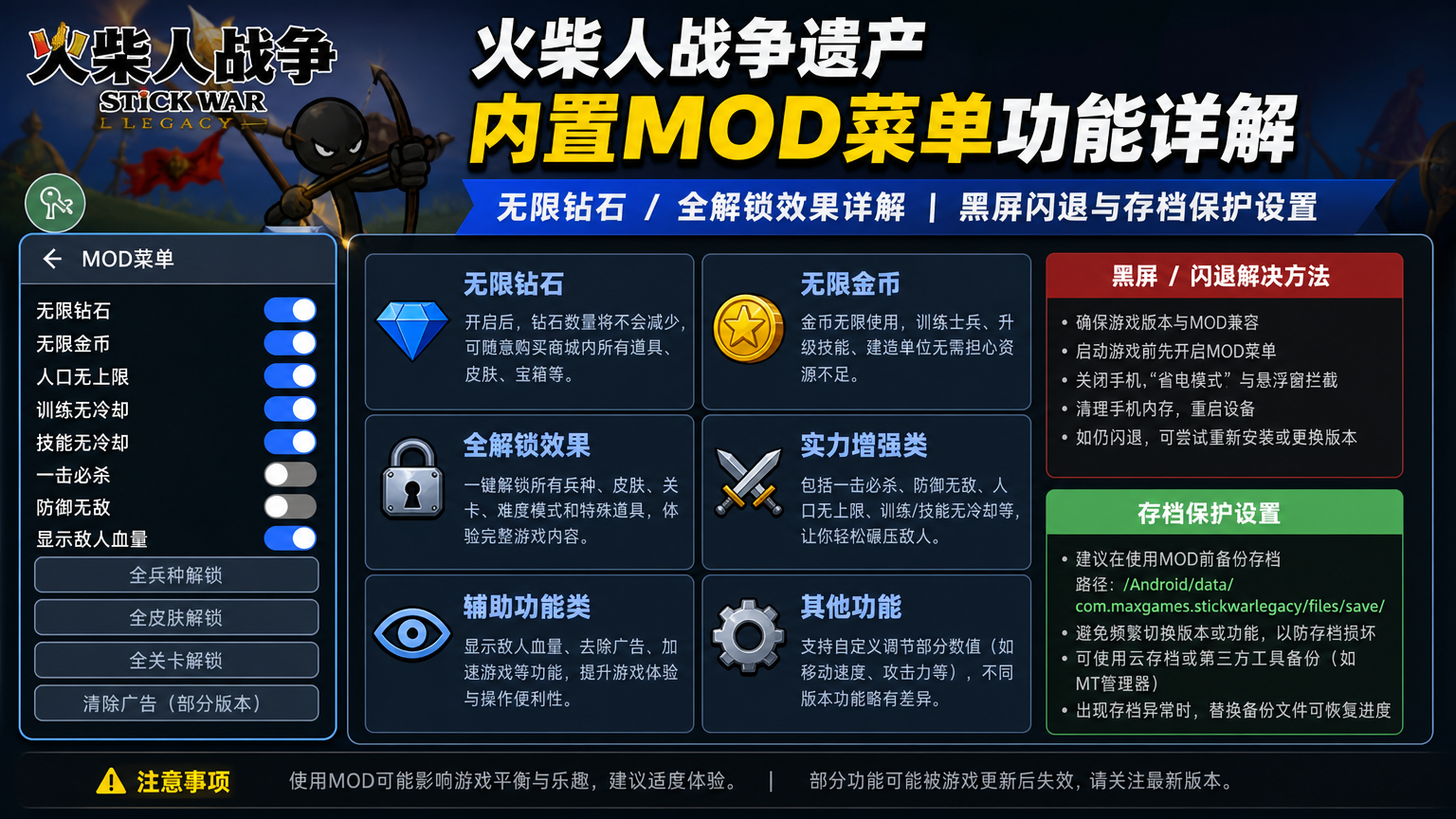 火柴人战争遗产内置 mod 菜单都有什么功能?无限钻石 / 全解锁效果详解 黑屏闪退与存档保护设置