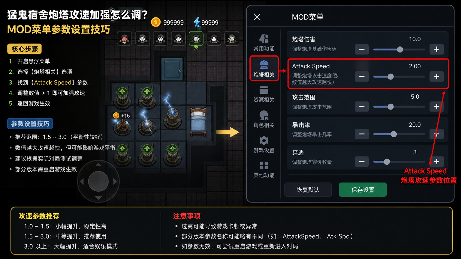 猛鬼宿舍炮塔攻速加强怎么调?mod菜单参数设置技巧,悬浮菜单中炮塔攻速参数位置与Attack Speed选项标注
