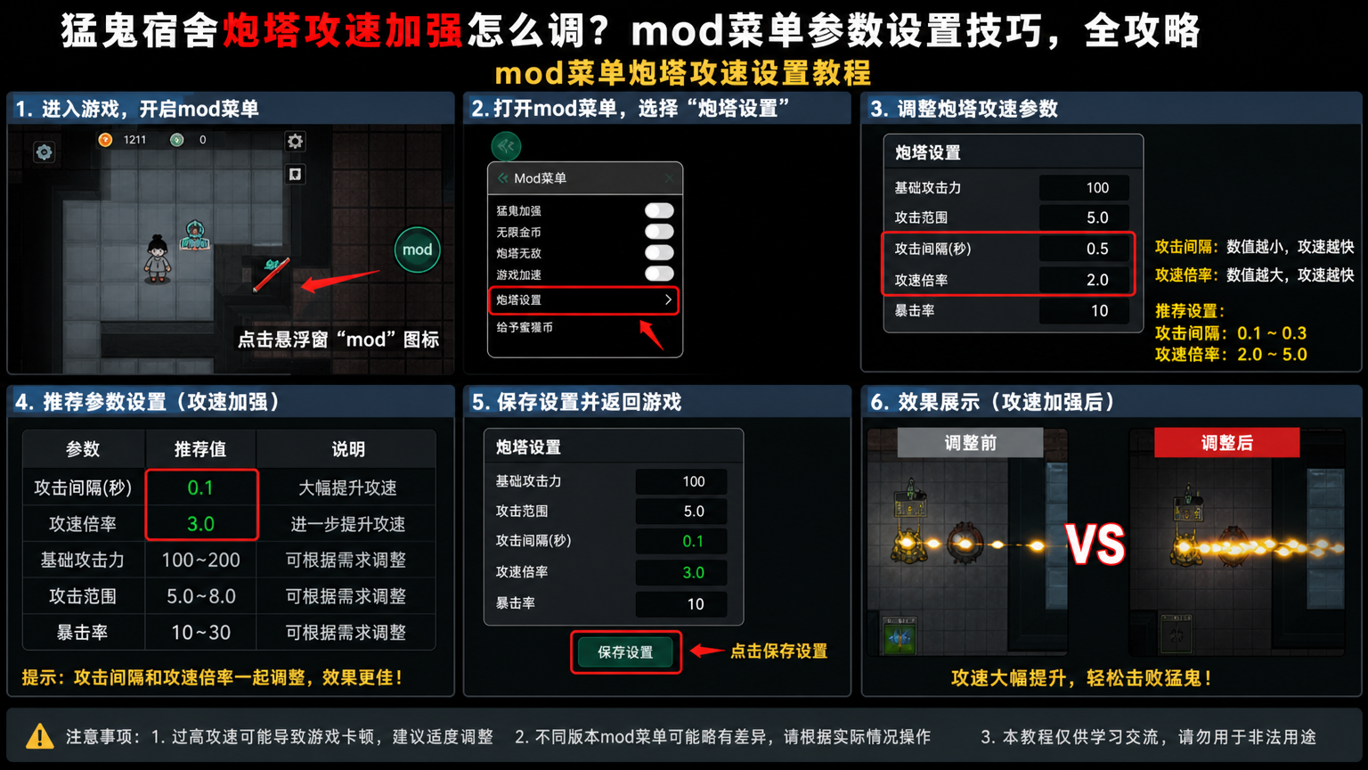 猛鬼宿舍炮塔攻速加强怎么调?mod菜单参数设置技巧,全攻略mod菜单炮塔攻速设置教程配图