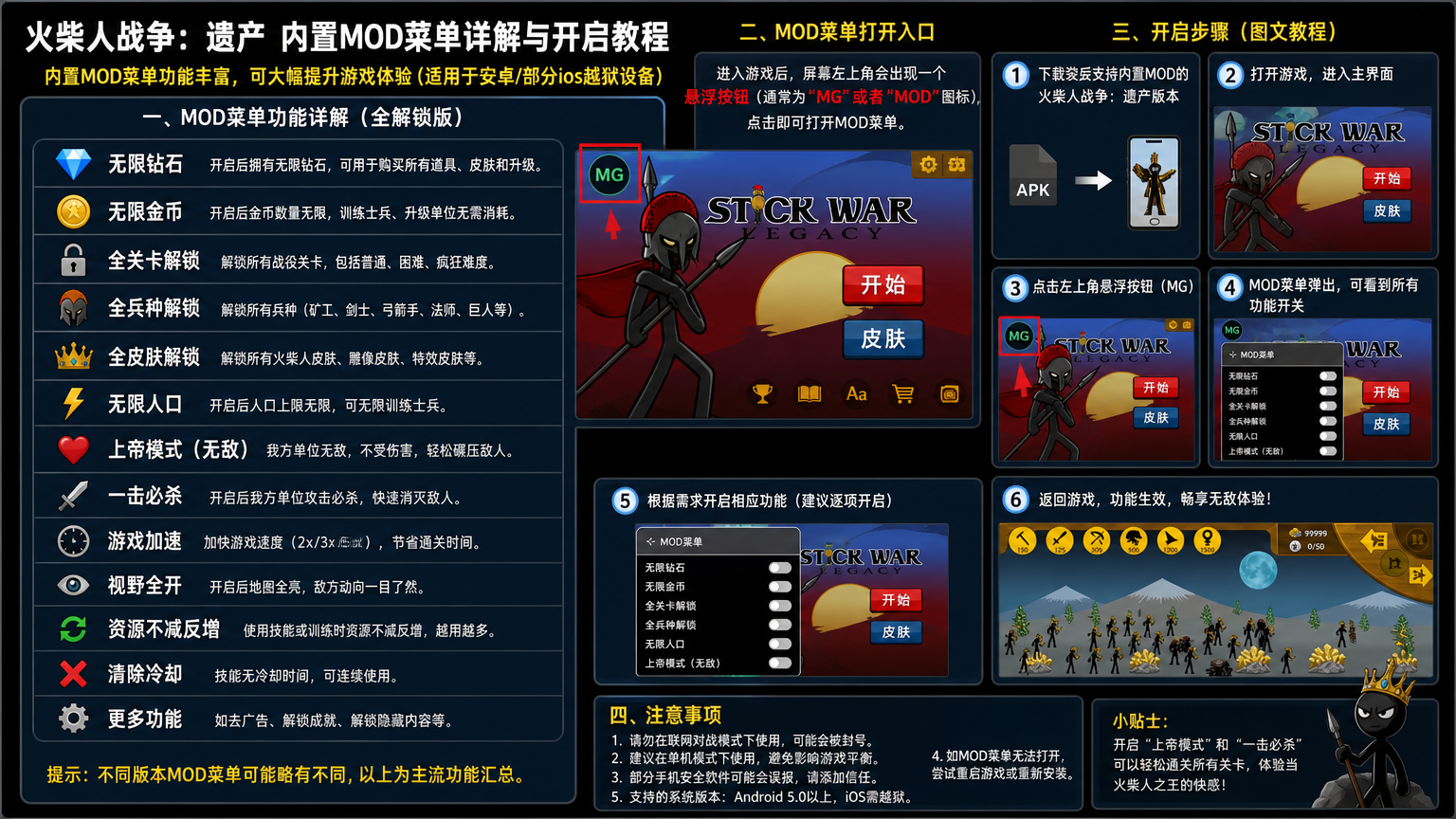火柴人战争遗产内置 mod 菜单都有什么功能?无限钻石 / 全解锁效果详解,mod菜单打开入口和开启步骤图文