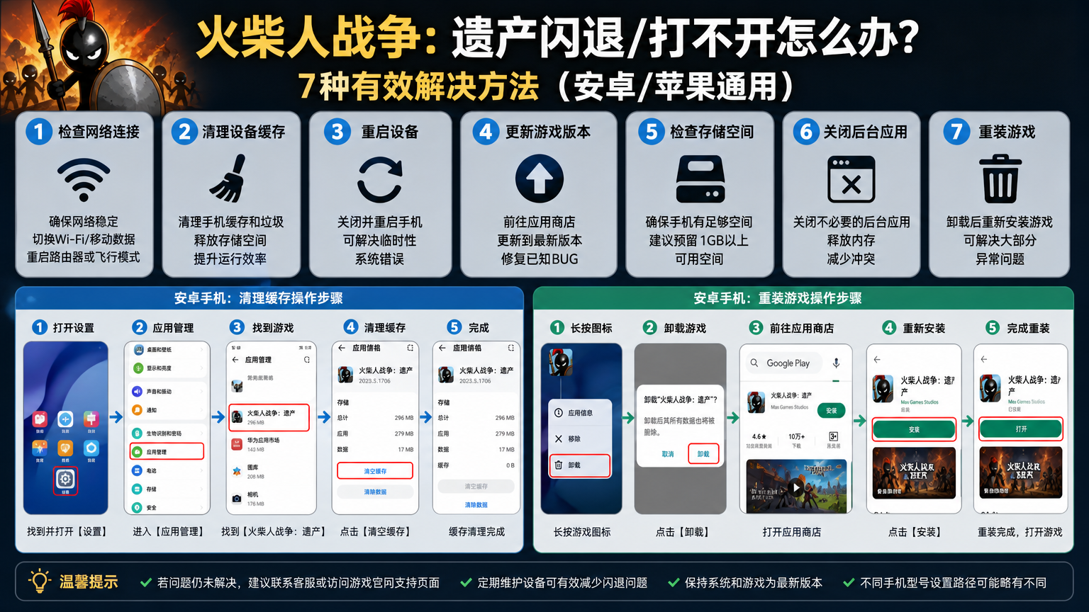 火柴人战争遗产闪退打不开怎么办?安卓/苹果端7种有效解决方法,安卓手机清理缓存与重装操作场景图