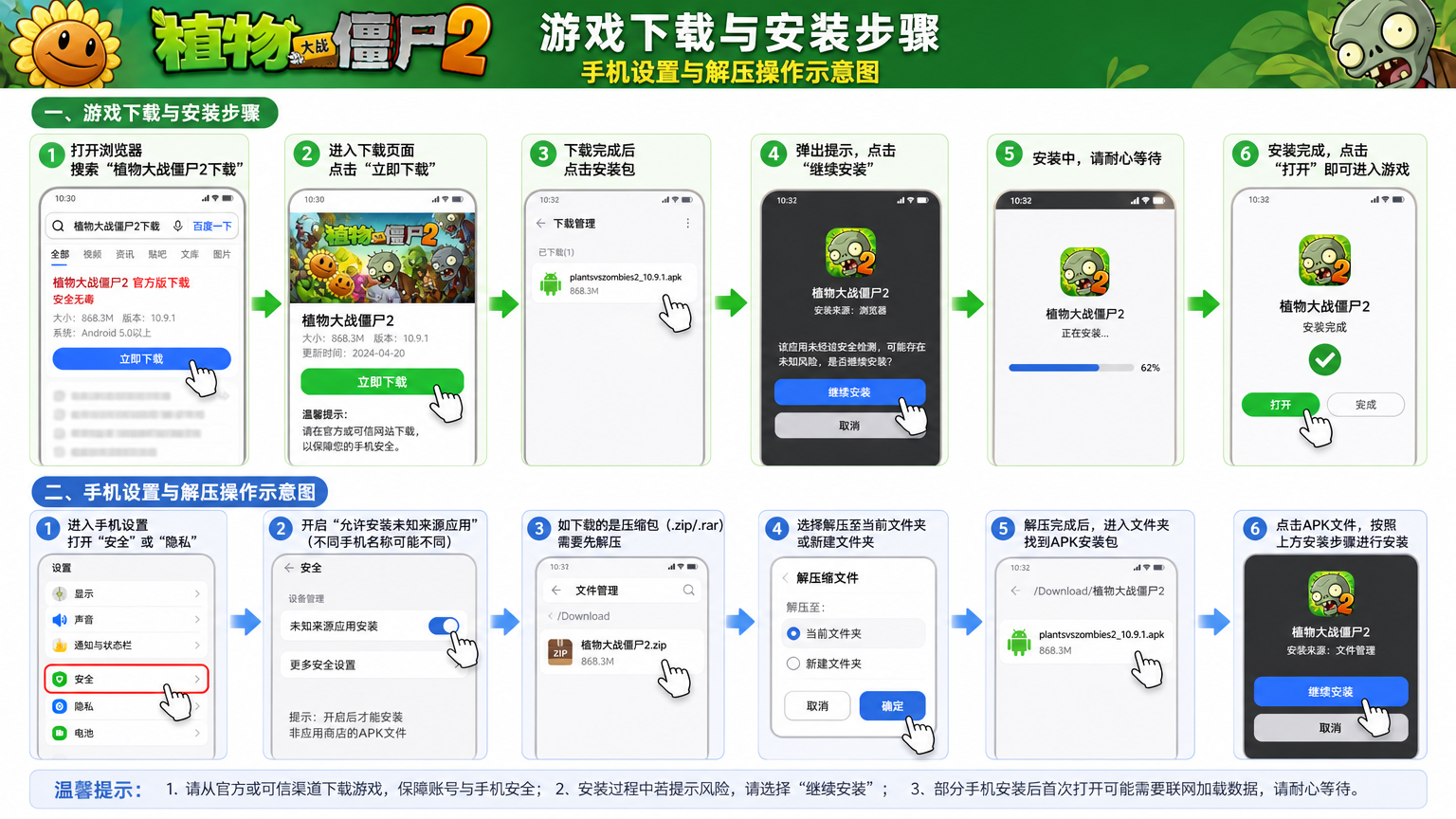植物大战僵尸2破解版下载安装步骤 手机设置与解压操作示意图