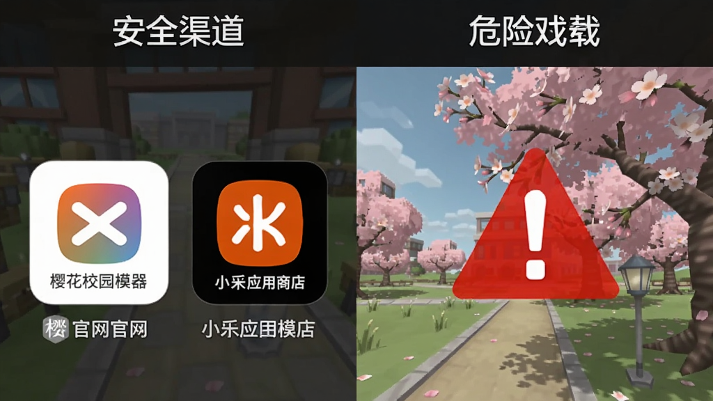 樱花校园模拟器正版无广告中文版 下载渠道对比图,左侧安全渠道显示官网和小米应用商店,右侧危险渠道标红警告