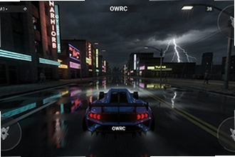 OWRC����������������Ϸ�ڽ�ͼ��һ����ɫ��������������ˮ��ʪ���޺�ƽֵ���·�淴�����ɫ�ĵƹ⣬��������ܲ���Զ�������磬���漫�߳����С�