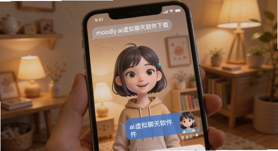 ���ڵ��ñ�����ͼģ������ͼƬ����ʾ��,�ؼ��ʱ��������moodly ai���������������ء�������չʾ�ֻ���Ļ��AI�����������û��Ի�����ܰ������������ͣ�ɫ����ů
