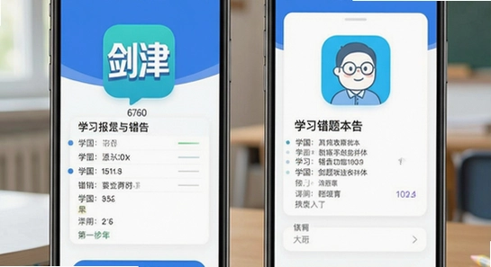 670*360 剑津教育app学习报告与错题本功能界面