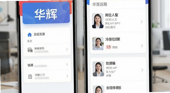 华辉人力APP主界面与岗位列表展示图