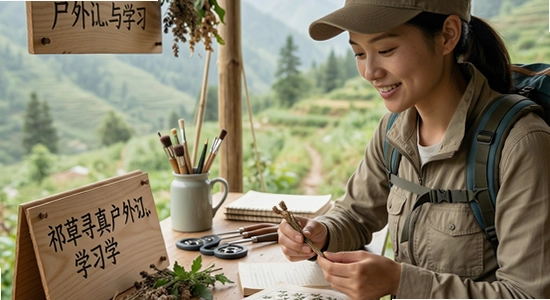 祁草寻真户外采药与学习场景图