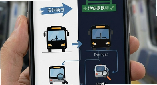手机界面展示实时公交与地铁换乘方案对比图