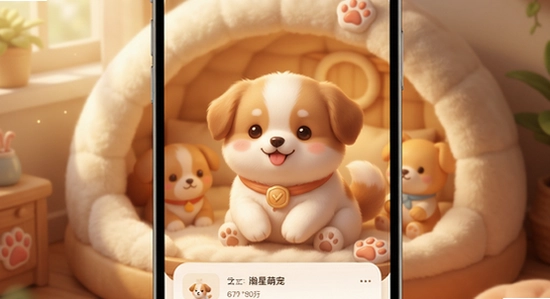 瀚星萌宠应用主界面展示,软萌宠物与温馨小窝场景,风格温暖治愈,尺寸670*360