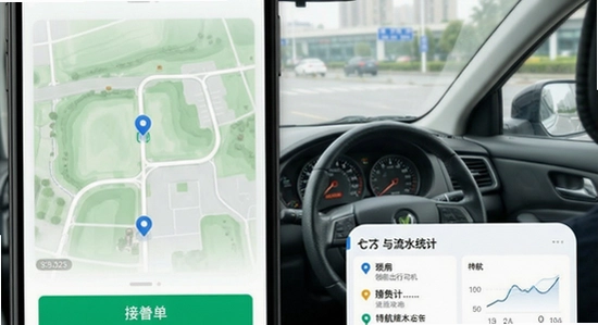 领航出行司机端接单导航与流水统计界面
