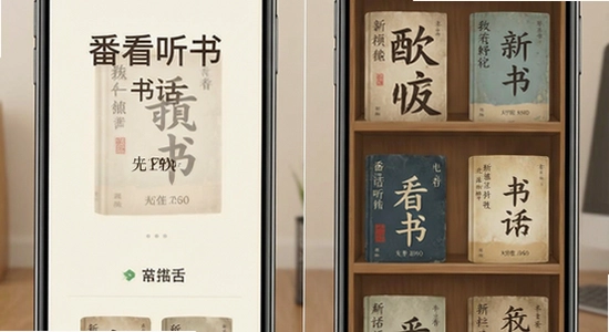 670*360的番看听书免费版听书界面与书架展示图