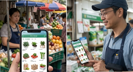 批发进货采买市场多场景应用 地摊摊主和便利店老板使用手机选货 670*360