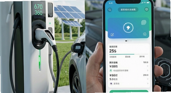 670*360的新能源汽车充电场景与APP操作界面合成图