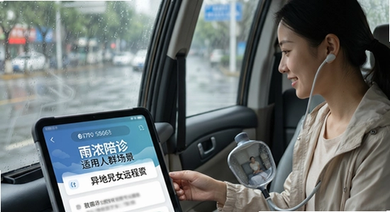 670*360|雨浓陪诊适用人群场景展示,异地子女远程下单与年轻人独自就医